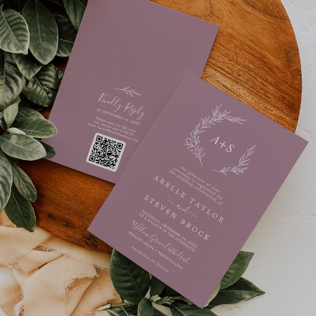 Minimal Leaf | Mauve Monogram QR Code Wedding Invitation (Creator Uploaded)