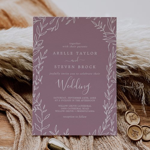 Minimal Leaf  Mauve Wedding Invitation