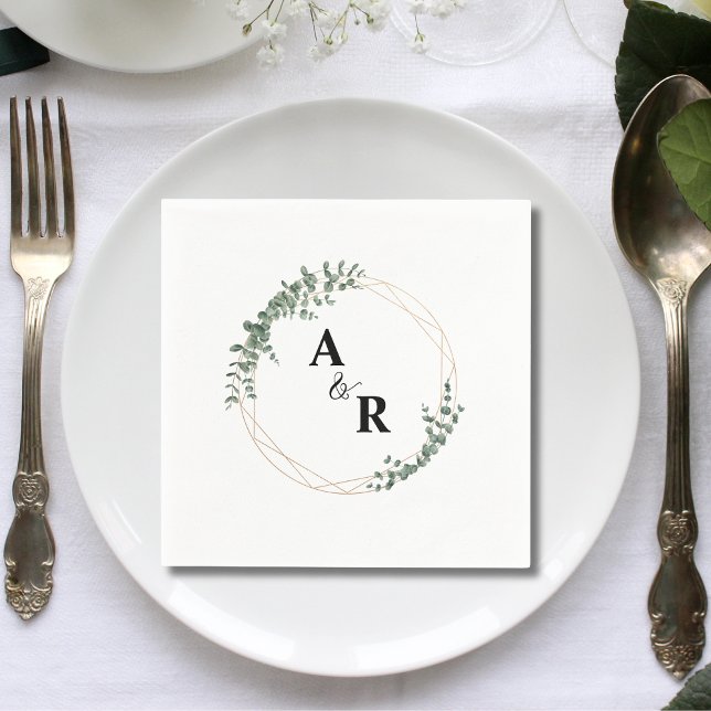 Minimal Leaf Monogram Custom Wedding Cocktail Napkins (Minimal leaf monogram custom wedding cocktail napkins add clean natural elegance to receptions.)