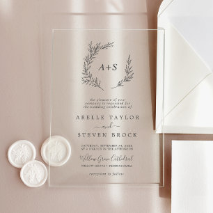 Minimal Leaf Monogram Greenery Boho Modern Wedding Acrylic Invitations