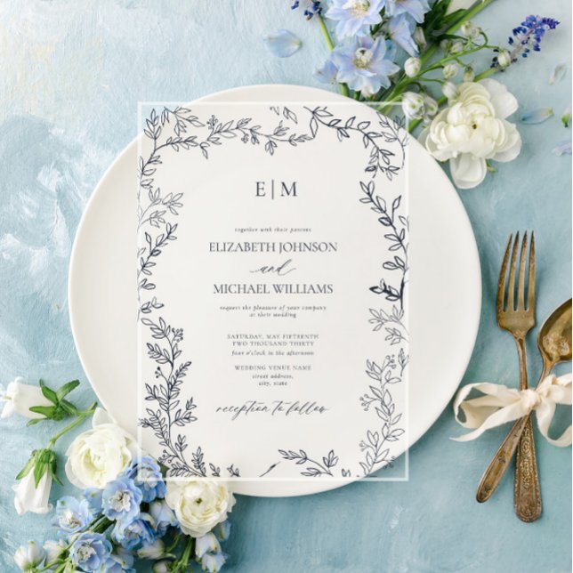 Minimal Leaf Navy Blue Elegant Monogram Wedding Acrylic Invitations (Creator Uploaded)