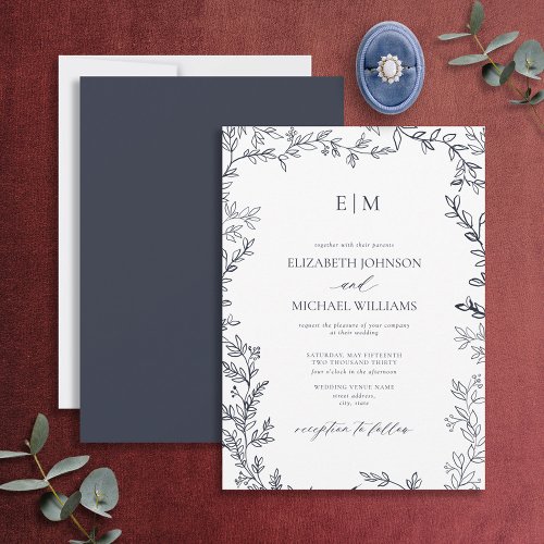 Minimal Leaf Navy Blue Elegant Monogram Wedding Invitation