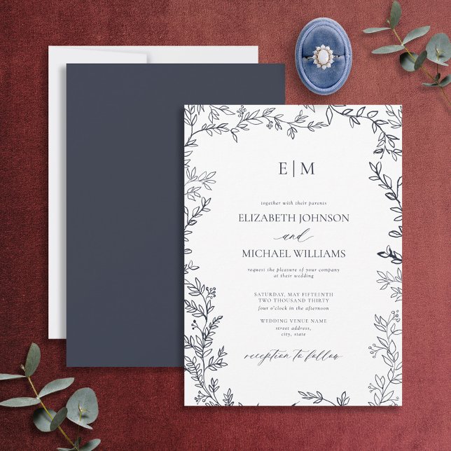 Minimal Leaf Navy Blue Elegant Monogram Wedding Invitation (Creator Uploaded)
