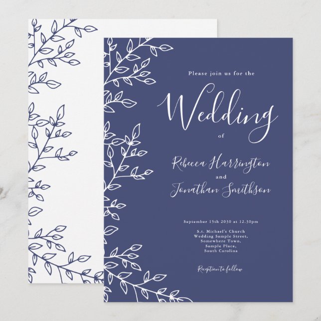 Minimal Leaf Navy Blue Wedding Invitation (Front/Back)