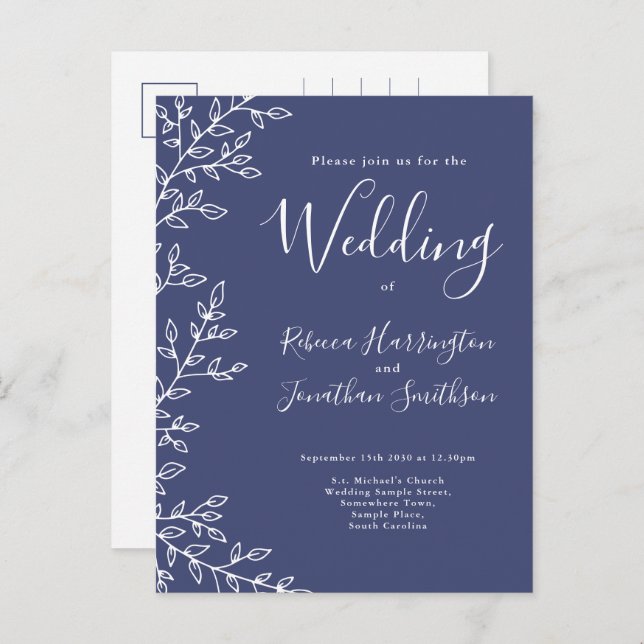 Minimal Leaf Navy Blue Wedding Invitation Postcard (Front/Back)