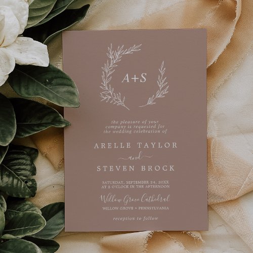 Minimal Leaf  Neutral Formal Monogram Wedding Invitation