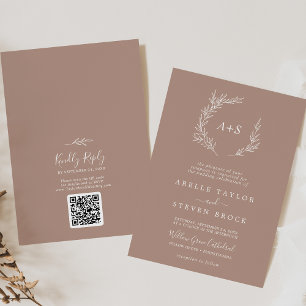 Minimal Leaf Neutral Monogram QR Code Wedding Invitation