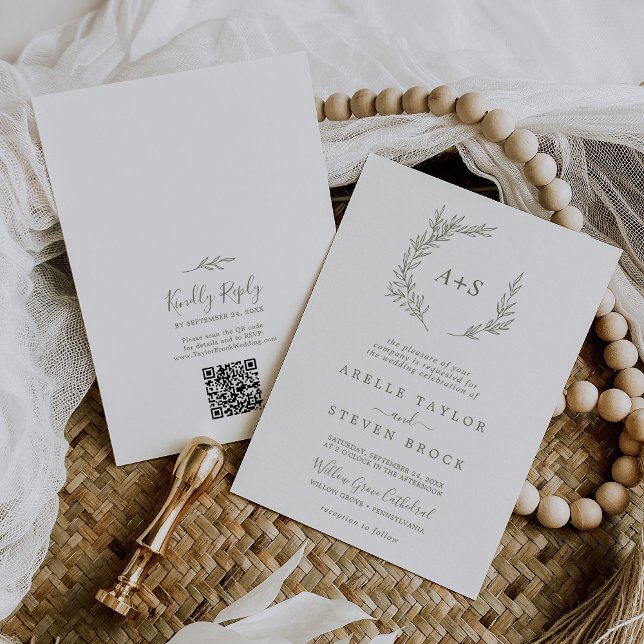 Minimal Leaf Olive Green Monogram QR Code Wedding Invitation (Creator Uploaded)
