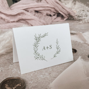 Minimal Leaf   Olive Green Monogram Wedding Letterpress Thank You Card