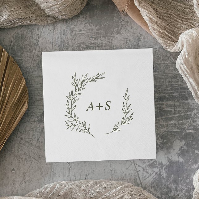 Minimal Leaf | Olive Green Monogram Wedding Napkins (Creator Uploaded)