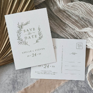 Minimal Leaf Olive Green Save the Date Invitation Postcard