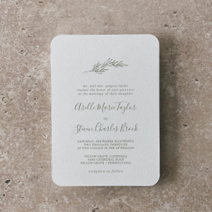 Minimal Leaf Olive Green Traditional Wedding Invitation