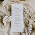 Minimal Leaf | Olive Green Wedding Dinner Menu<br><div class="desc">This minimal leaf olive green wedding dinner menu card is perfect for a boho wedding. The design features a simple greenery leaf silhouette in olive green with minimalist mountain bohemian style. This menu can be used for a wedding reception,  rehearsal dinner,  or any event.</div>