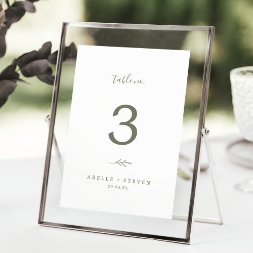 Minimal Leaf  Olive Green Wedding Table Number
