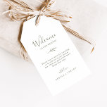 Minimal Leaf | Olive Green Wedding Welcome Gift Tags<br><div class="desc">These minimal leaf olive green wedding welcome gift tags are perfect for a boho wedding. The design features a simple greenery leaf silhouette in olive green with minimalist mountain bohemian style. Personalize the tags with the location of your wedding, a short welcome note, your names, and wedding date. These tags...</div>