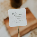 Minimal Leaf | Olive Green Wedding Welcome Square Sticker<br><div class="desc">These minimal leaf olive green wedding welcome stickers are perfect for an elegant wedding. The design features a simple greenery silhouette in olive green with classic minimalist style. Personalize these stickers with the location of your wedding, names, and wedding date. These labels are perfect for destination weddings and hotel guest...</div>