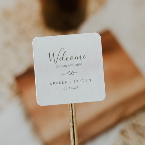 Minimal Leaf  Olive Green Wedding Welcome Square Sticker