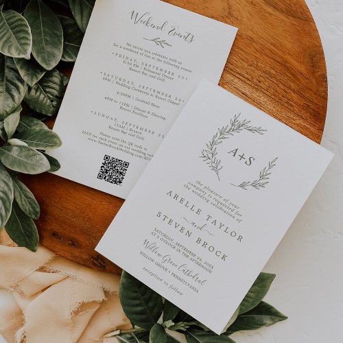 Minimal Leaf  Olive Green Weekend Events Wedding Invitation