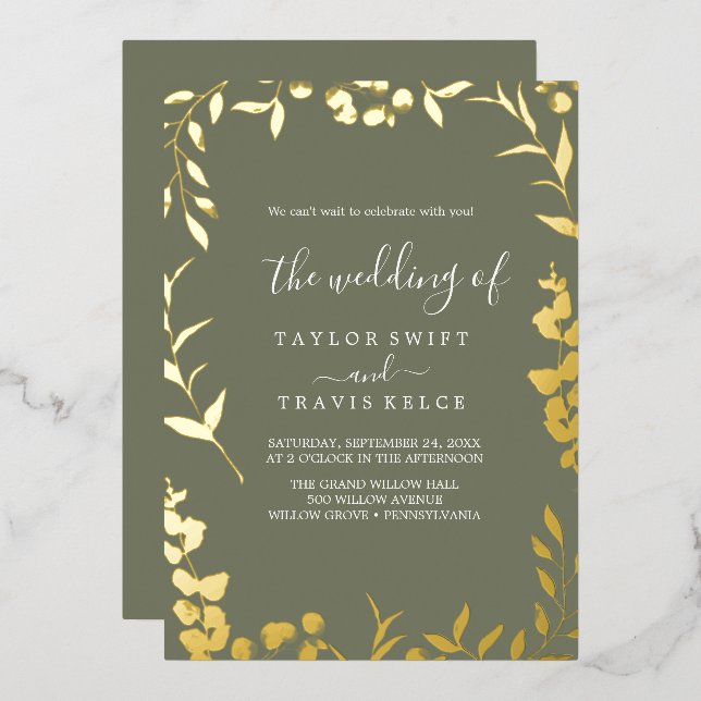 Minimal Leaf Plum Purple and Gold Foil Wedding  Foil Invitation (Front/Back)