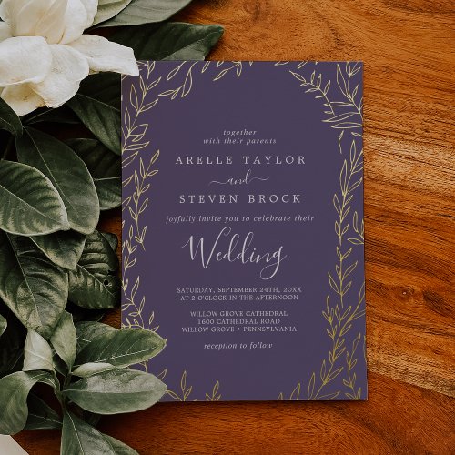 Minimal Leaf  Plum Purple and Gold Foil Wedding Foil Invitation