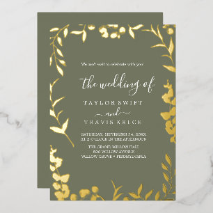 Minimal Leaf Plum Purple and Gold Foil Wedding  Invitation