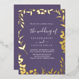 Minimal Leaf Plum Purple and Gold Foil Wedding Invitation
