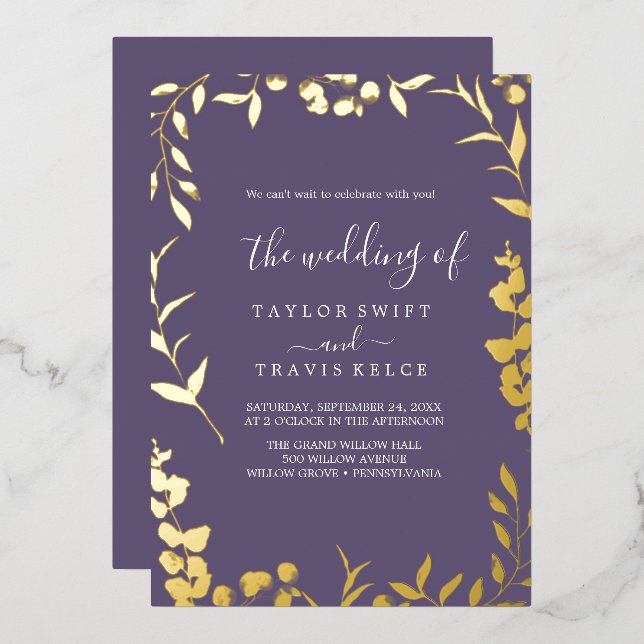 Minimal Leaf Plum Purple and Gold Foil Wedding  Invitation (Front/Back)
