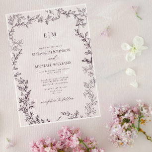 Minimal Leaf Plum Purple Elegant Monogram Wedding Acrylic Invitations