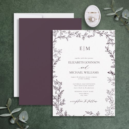 Minimal Leaf Plum Purple Elegant Monogram Wedding Invitation