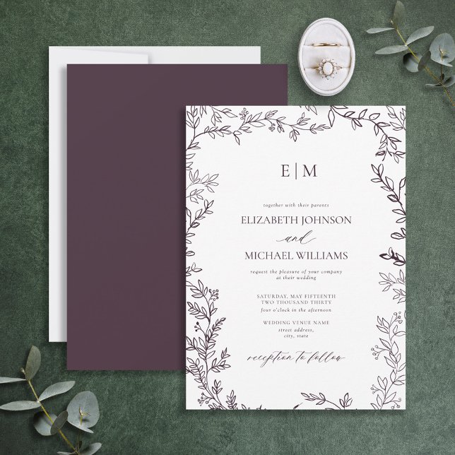 Minimal Leaf Plum Purple Elegant Monogram Wedding Invitation (Creator Uploaded)