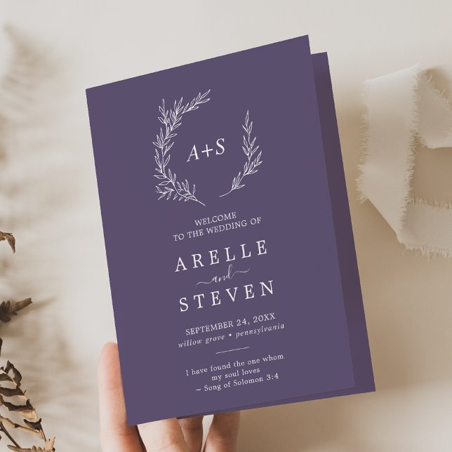 Minimal Leaf | Plum Purple Folded Wedding Program (Creator Uploaded)