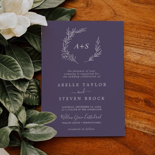 Minimal Leaf  Plum Purple Formal Monogram Wedding Invitation