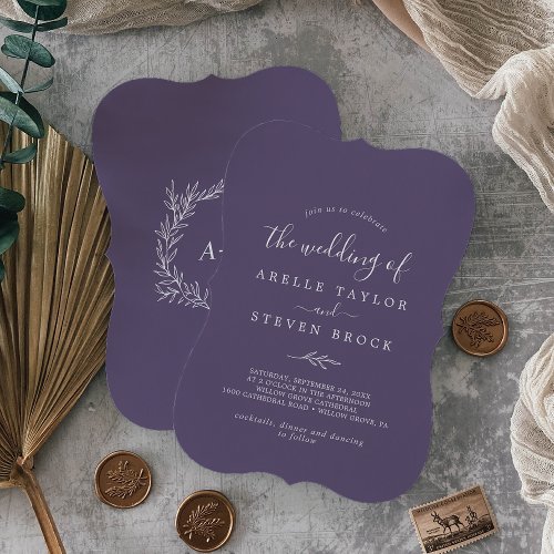 Minimal Leaf  Plum Purple Monogram Back Wedding Invitation