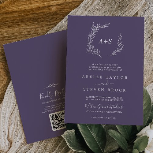 Minimal Leaf Plum Purple Monogram QR Code Wedding Invitation