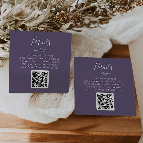 Minimal Leaf  Plum Purple QR Code Wedding Details Enclosure Card