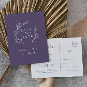 Minimal Leaf   Plum Purple Save the Date Invitation Postcard