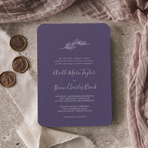 Minimal Leaf  Plum Purple Traditional Wedding Invitation