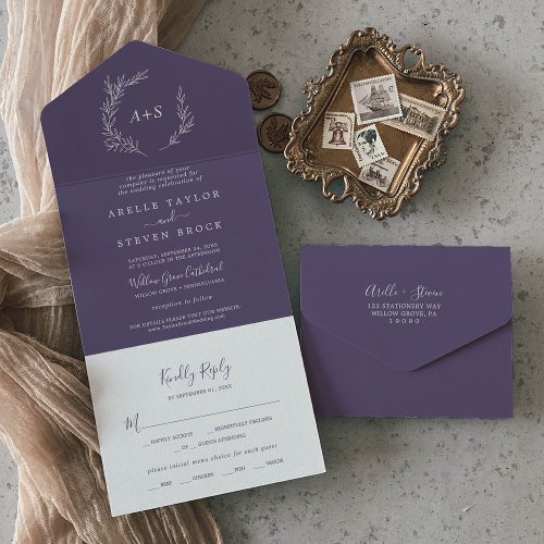 Minimal Leaf  Plum Purple Wedding All In One Invitation