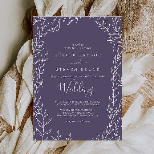 Minimal Leaf  Plum Purple Wedding Invitation