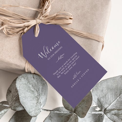 Minimal Leaf  Plum Purple Wedding Welcome Gift Tags