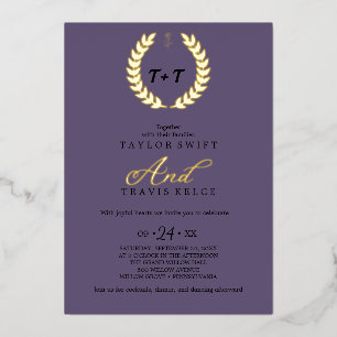 Minimal Leaf   Purple & Gold Foil All-in-One Foil Invitation