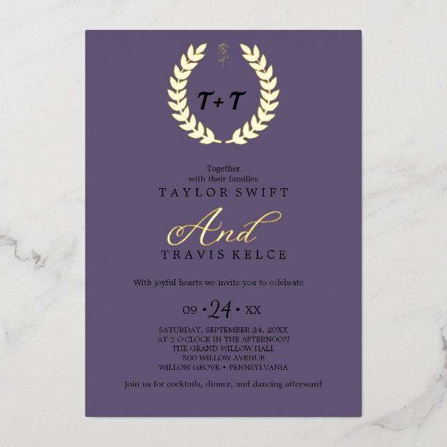 Minimal Leaf | Purple & Gold Foil All-in-One Foil Invitation (Front)