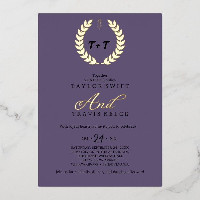 Minimal Leaf | Purple & Gold Foil All-in-One Invitation (Front)