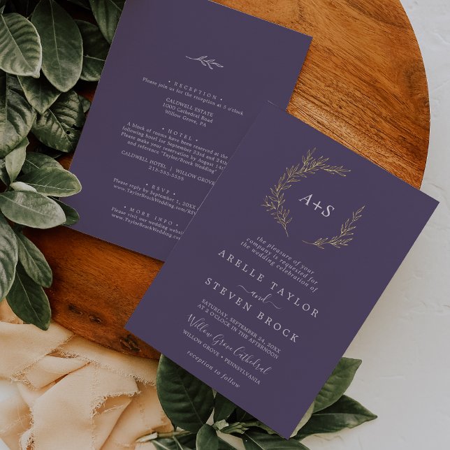 Minimal Leaf Purple Gold Foil All In One Wedding Invitation (Creator Uploaded)