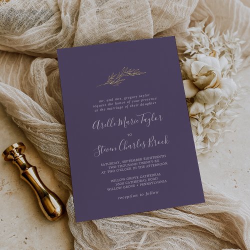 Minimal Leaf Purple Gold Foil Traditional Wedding Foil Invitation