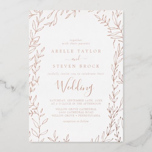 Minimal Leaf  Rose Gold Foil Frame Wedding Foil Invitation