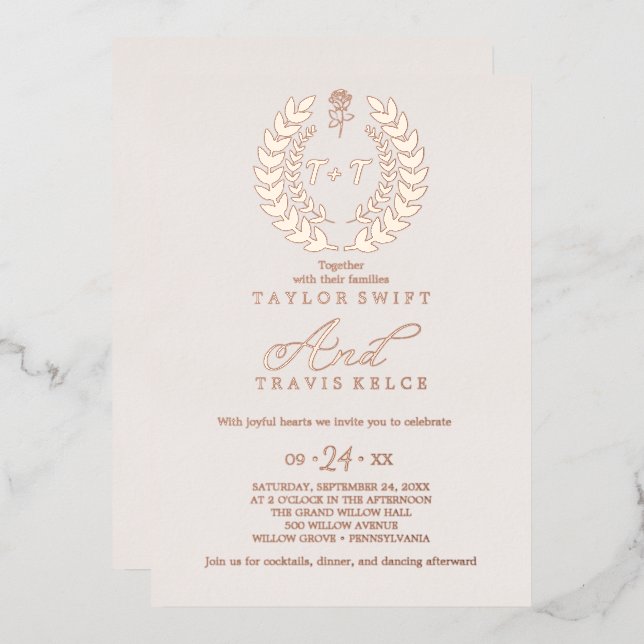 Minimal Leaf | Rose Gold Foil Monogram Wedding  Foil Invitation (Front/Back)