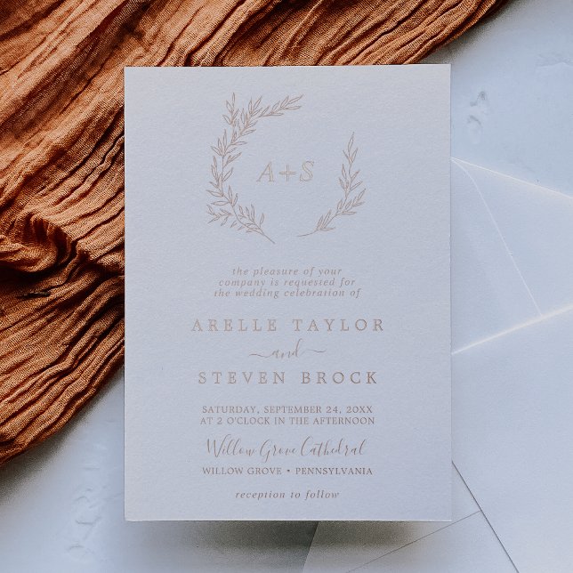 Minimal Leaf | Rose Gold Foil Monogram Wedding Invitation (Creator Uploaded)