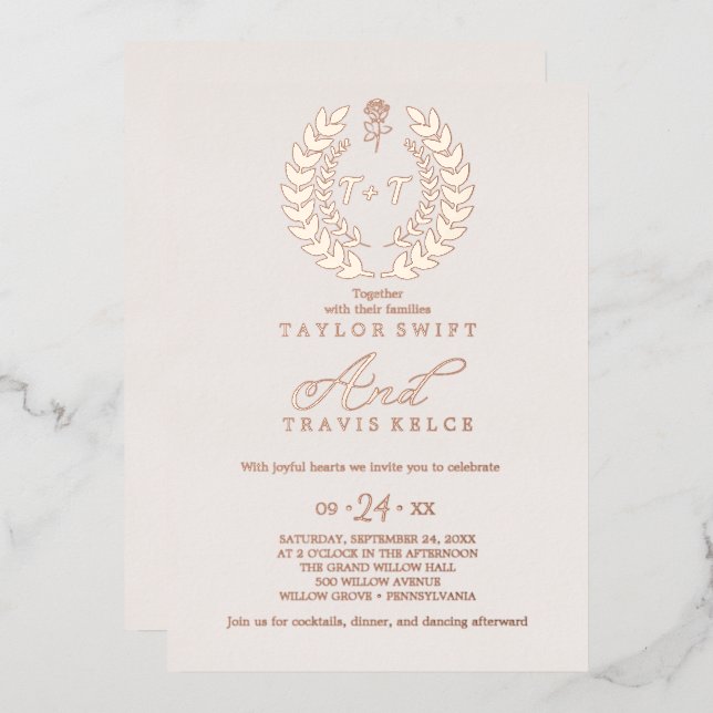 Minimal Leaf | Rose Gold Foil Monogram Wedding  Invitation (Front/Back)