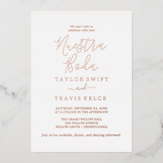 Minimal Leaf | Rose Gold Foil Nuestra Boda  Invitation (Front)